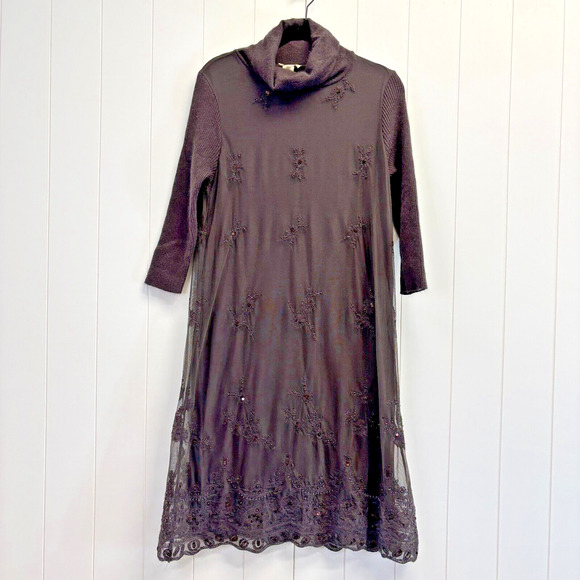 Sundance Womens Boho Fairy Embroidered Mesh Lace Turtleneck Dress Size M Sequin - Picture 1 of 10